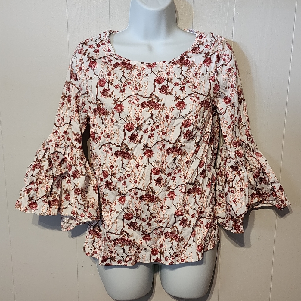 Jane and Delancey Floral Blouse Bell Sleeves Pink Fall Boho Small A638